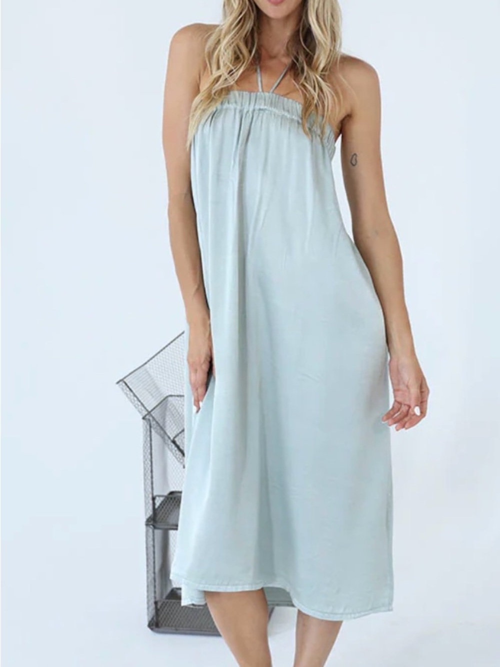 NWT lounge PJ Harlow Strapless maxi skirt lounge dress in Sage Green satin S/M
